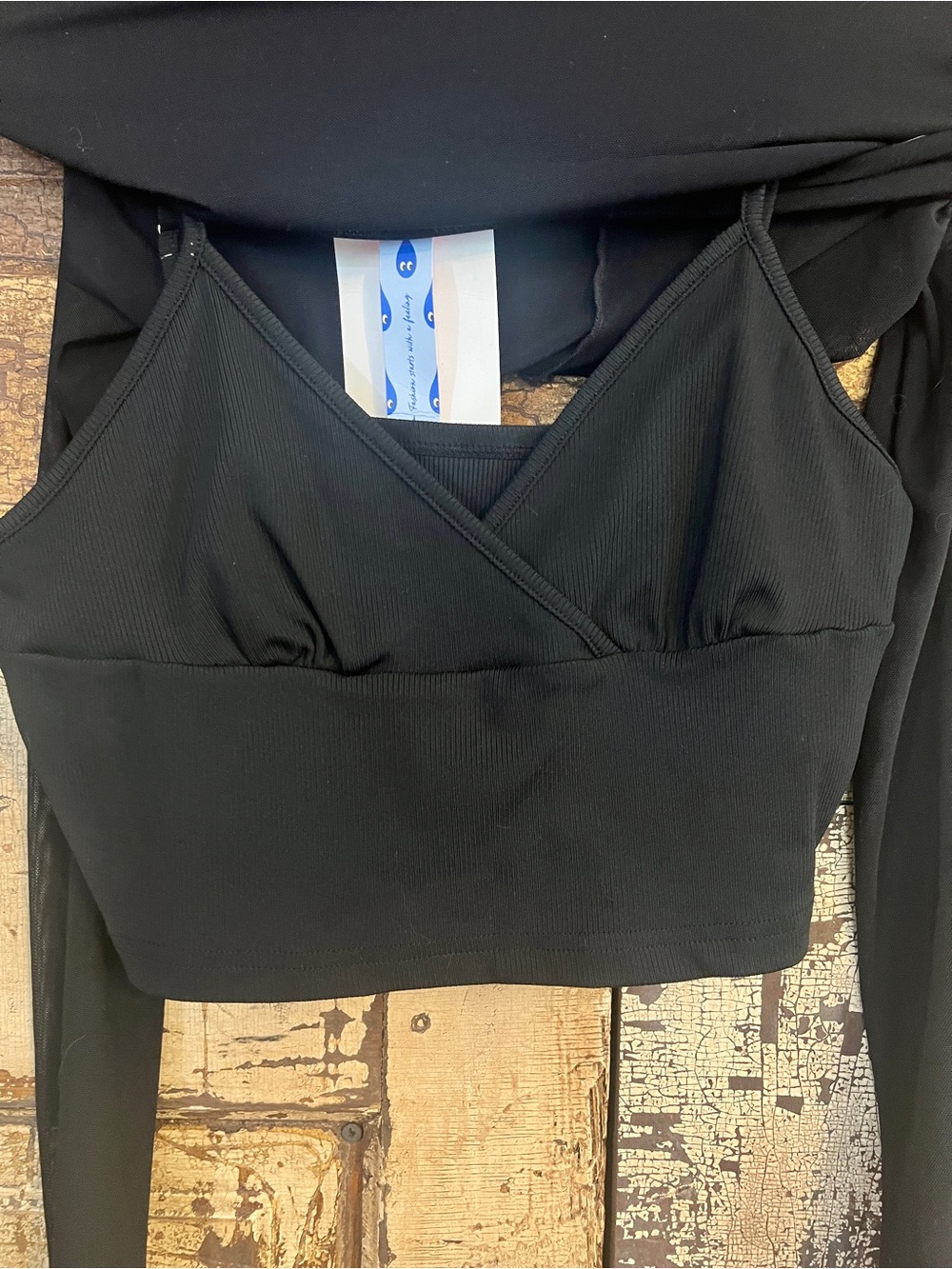 NWT Cider Sheer Mesh Long Sleeve Layered Crop Top Set Black - Picture 3 of 4